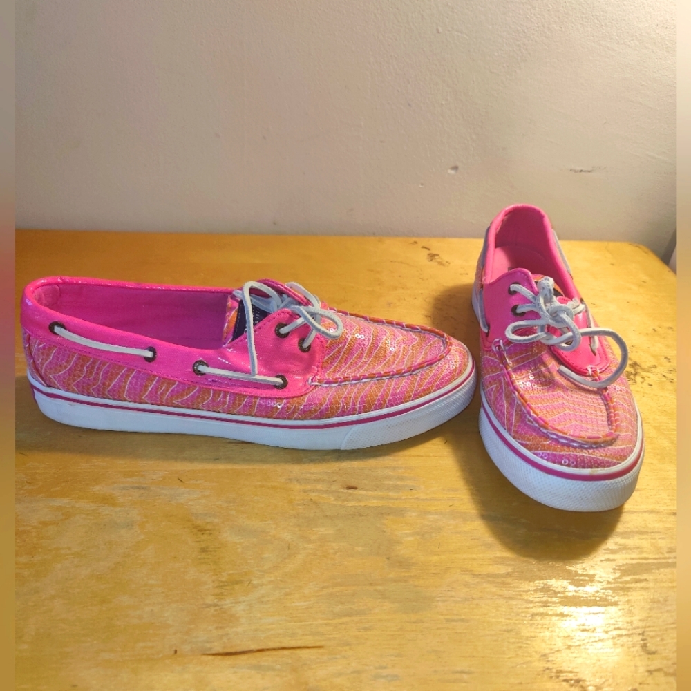 Sperry Top Sider Womens Size 10M Pink Sequin Slip On Boat Sneaker Shoes 9688904